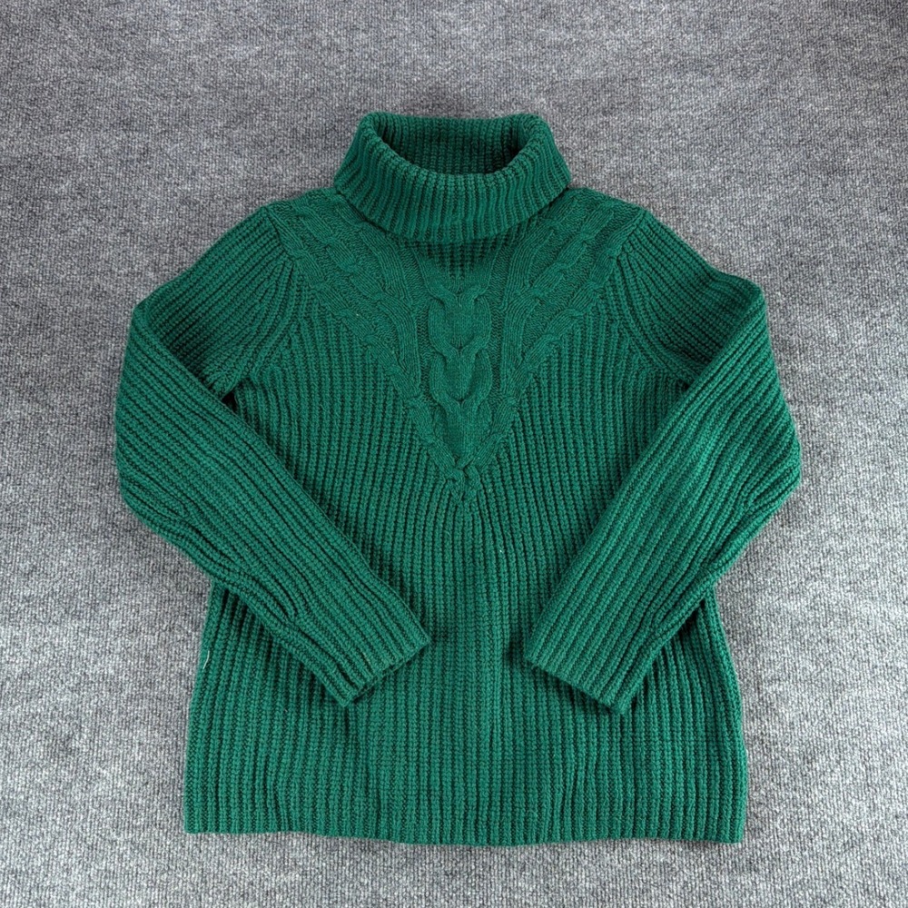 Lands End Womens Emerald Green Chunky Ribbed Cable Knit Turtleneck Sweater S 6-8